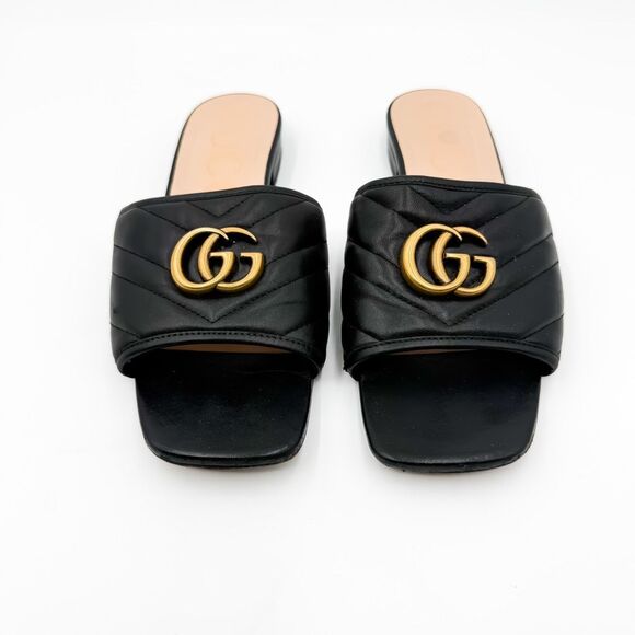Gucci GG Marmont Quilted Chevron Black Leather Sandals Mules Flats - Picture 4 of 14